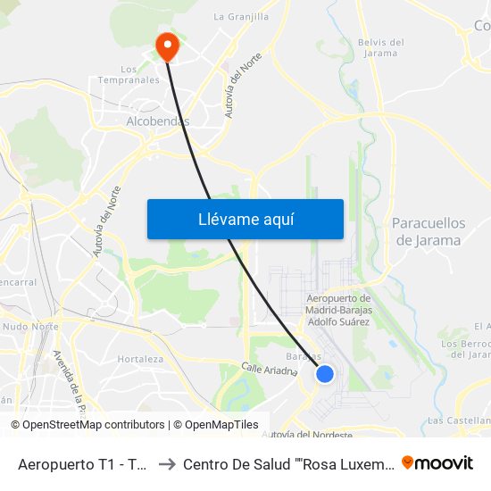 Aeropuerto T1 - T2 - T3 to Centro De Salud ""Rosa Luxemburgo"" map