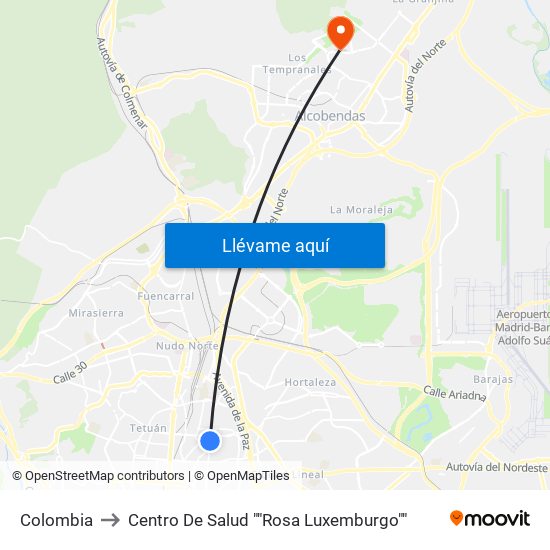 Colombia to Centro De Salud ""Rosa Luxemburgo"" map