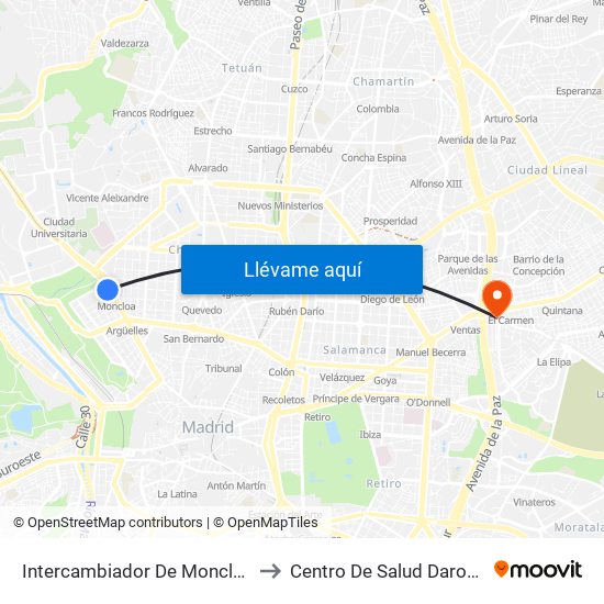 Intercambiador De Moncloa to Centro De Salud Daroca map