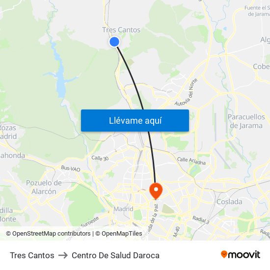 Tres Cantos to Centro De Salud Daroca map