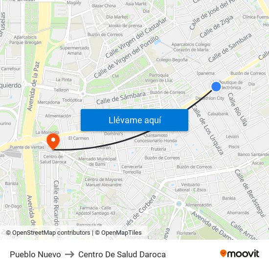 Pueblo Nuevo to Centro De Salud Daroca map