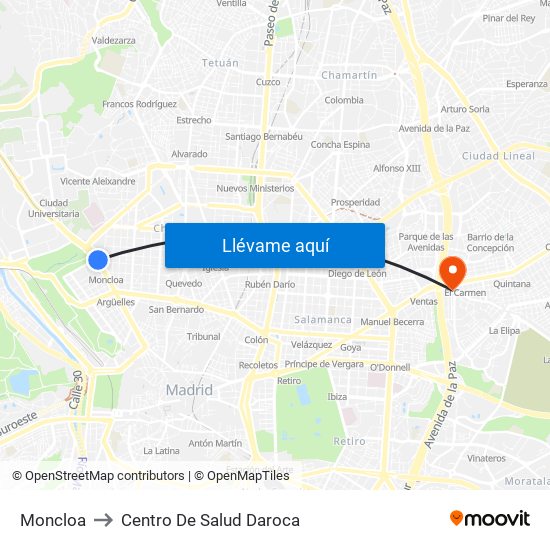 Moncloa to Centro De Salud Daroca map