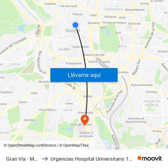 Gran Vía - Montera to Urgencias Hospital Universitario 12 De Octubre map
