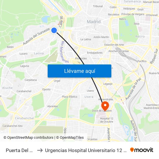 Puerta Del Ángel to Urgencias Hospital Universitario 12 De Octubre map