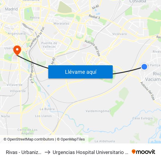 Rivas - Urbanizaciones to Urgencias Hospital Universitario 12 De Octubre map