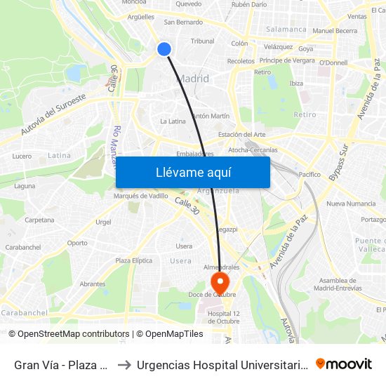 Gran Vía - Plaza De España to Urgencias Hospital Universitario 12 De Octubre map