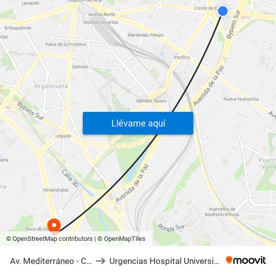 Av. Mediterráneo - Conde De Casal to Urgencias Hospital Universitario 12 De Octubre map