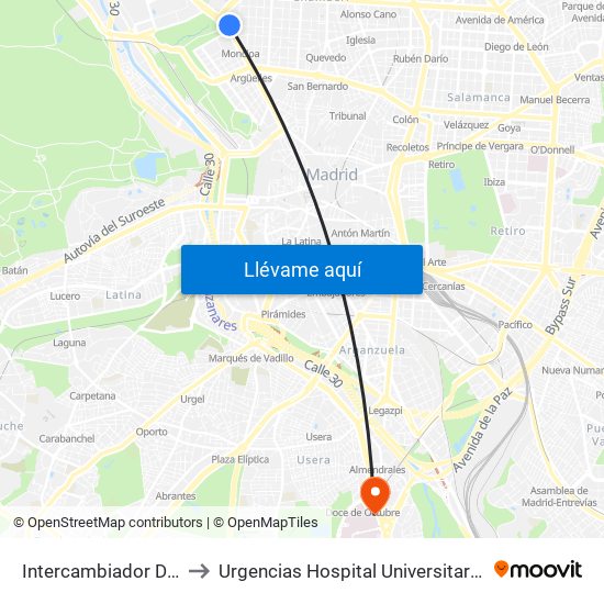Intercambiador De Moncloa to Urgencias Hospital Universitario 12 De Octubre map