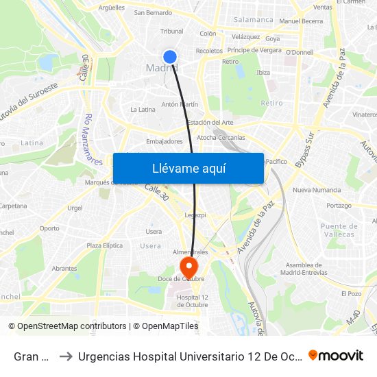 Gran Vía to Urgencias Hospital Universitario 12 De Octubre map