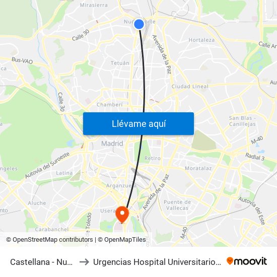 Castellana - Nudo Norte to Urgencias Hospital Universitario 12 De Octubre map