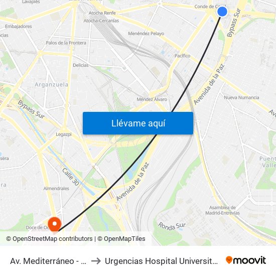 Av. Mediterráneo - Conde Casal to Urgencias Hospital Universitario 12 De Octubre map