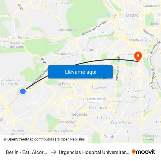 Berlín - Est. Alcorcón Central to Urgencias Hospital Universitario 12 De Octubre map