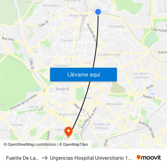 Fuente De La Mora to Urgencias Hospital Universitario 12 De Octubre map