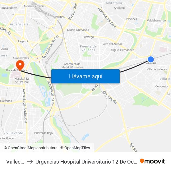 Vallecas to Urgencias Hospital Universitario 12 De Octubre map