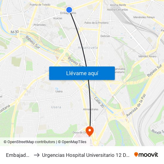 Embajadores to Urgencias Hospital Universitario 12 De Octubre map