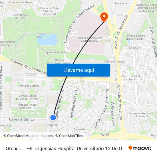 Orcasitas to Urgencias Hospital Universitario 12 De Octubre map