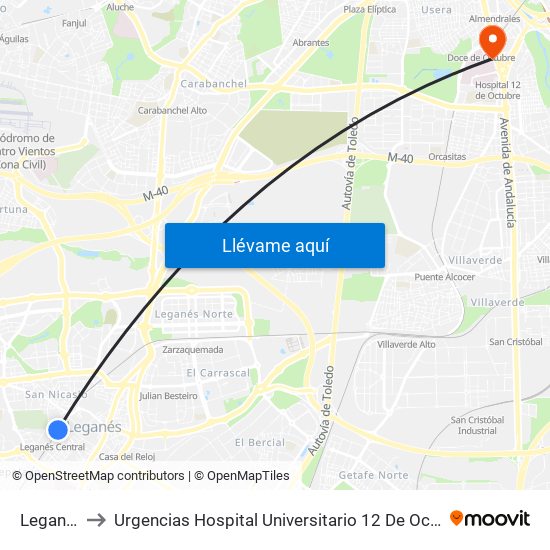 Leganés to Urgencias Hospital Universitario 12 De Octubre map