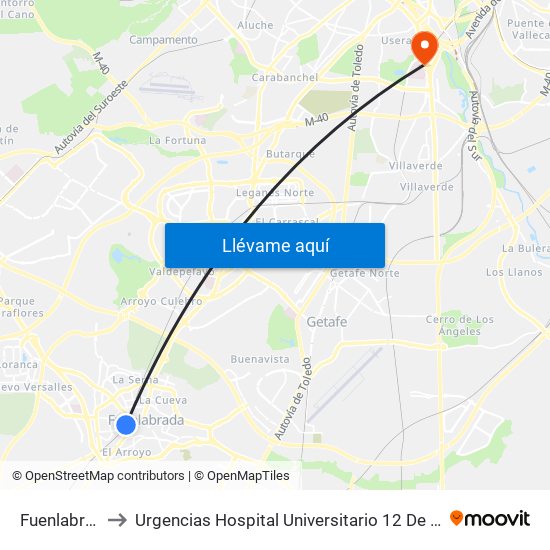 Fuenlabrada to Urgencias Hospital Universitario 12 De Octubre map