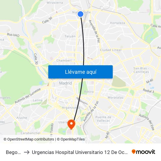 Begoña to Urgencias Hospital Universitario 12 De Octubre map