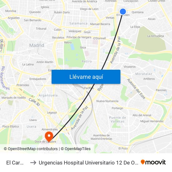 El Carmen to Urgencias Hospital Universitario 12 De Octubre map