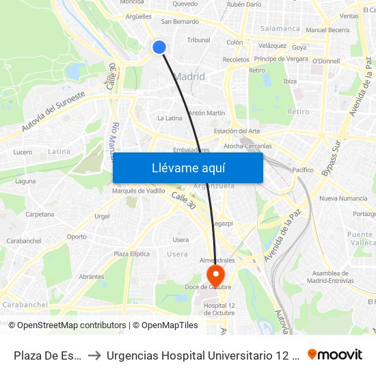 Plaza De España to Urgencias Hospital Universitario 12 De Octubre map