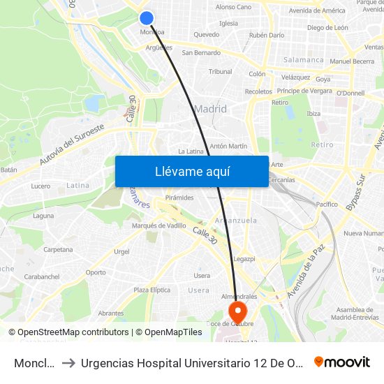 Moncloa to Urgencias Hospital Universitario 12 De Octubre map