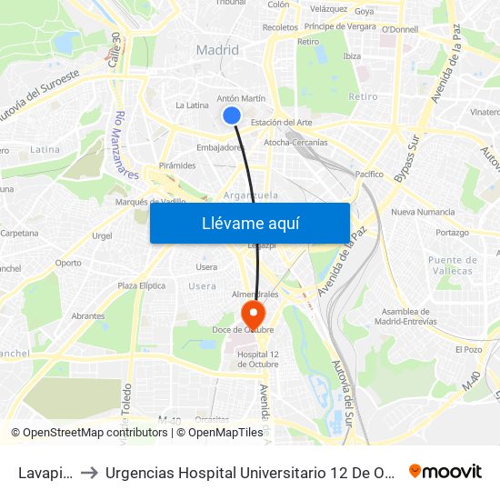 Lavapiés to Urgencias Hospital Universitario 12 De Octubre map