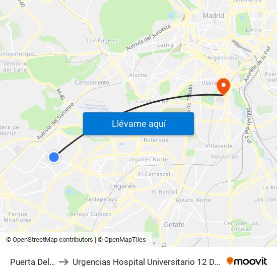 Puerta Del Sur to Urgencias Hospital Universitario 12 De Octubre map