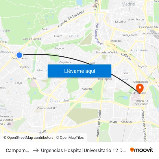 Campamento to Urgencias Hospital Universitario 12 De Octubre map