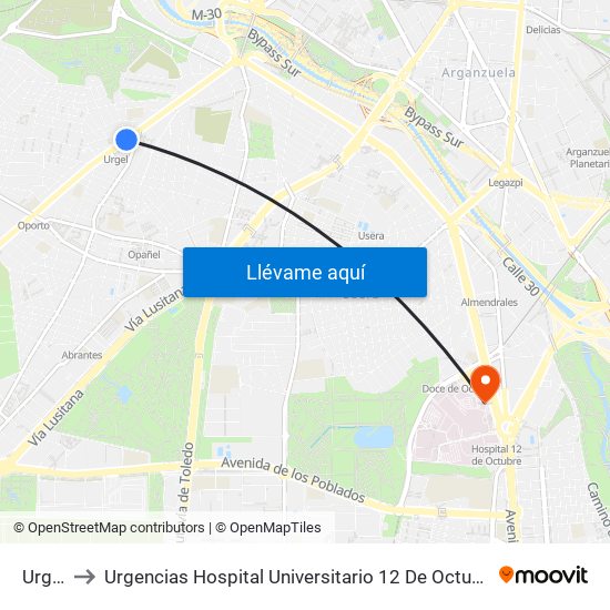 Urgel to Urgencias Hospital Universitario 12 De Octubre map