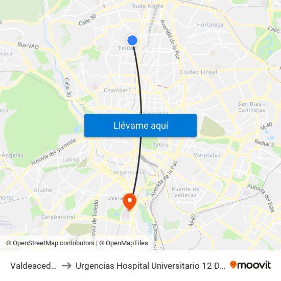 Valdeacederas to Urgencias Hospital Universitario 12 De Octubre map