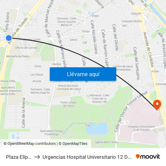 Plaza Elíptica to Urgencias Hospital Universitario 12 De Octubre map