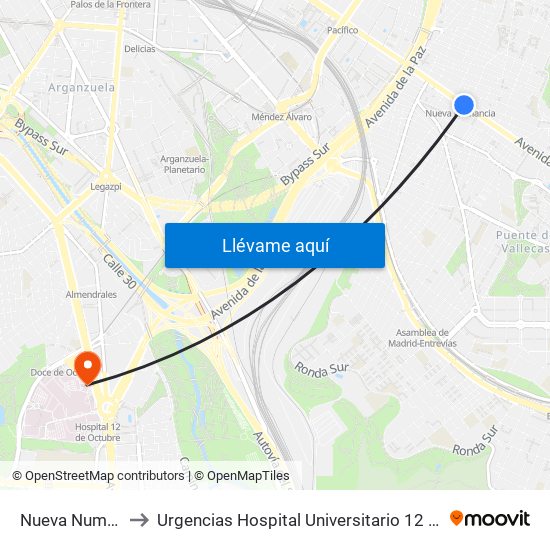 Nueva Numancia to Urgencias Hospital Universitario 12 De Octubre map