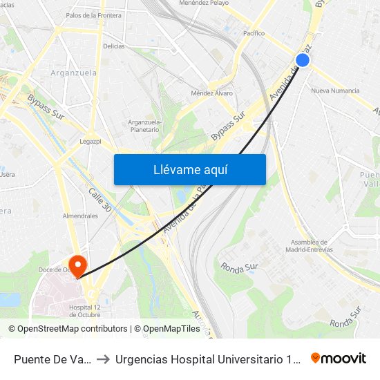 Puente De Vallecas to Urgencias Hospital Universitario 12 De Octubre map