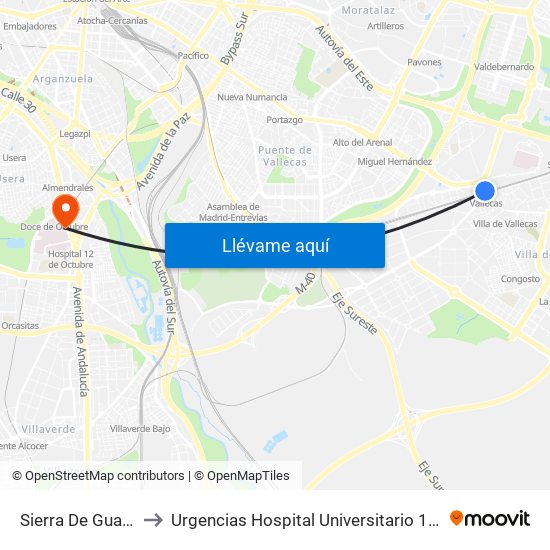 Sierra De Guadalupe to Urgencias Hospital Universitario 12 De Octubre map