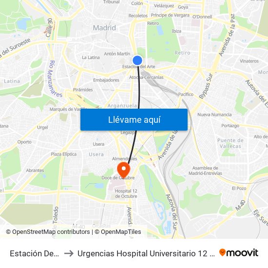 Estación Del Arte to Urgencias Hospital Universitario 12 De Octubre map