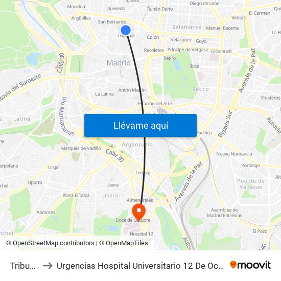 Tribunal to Urgencias Hospital Universitario 12 De Octubre map