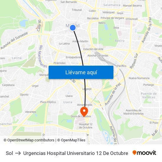 Sol to Urgencias Hospital Universitario 12 De Octubre map