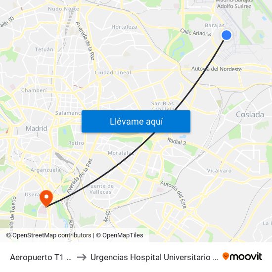 Aeropuerto T1 - T2 - T3 to Urgencias Hospital Universitario 12 De Octubre map