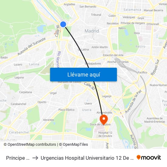 Príncipe Pío to Urgencias Hospital Universitario 12 De Octubre map