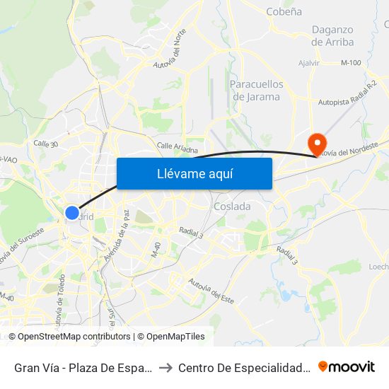 Gran Vía - Plaza De España to Centro De Especialidades map