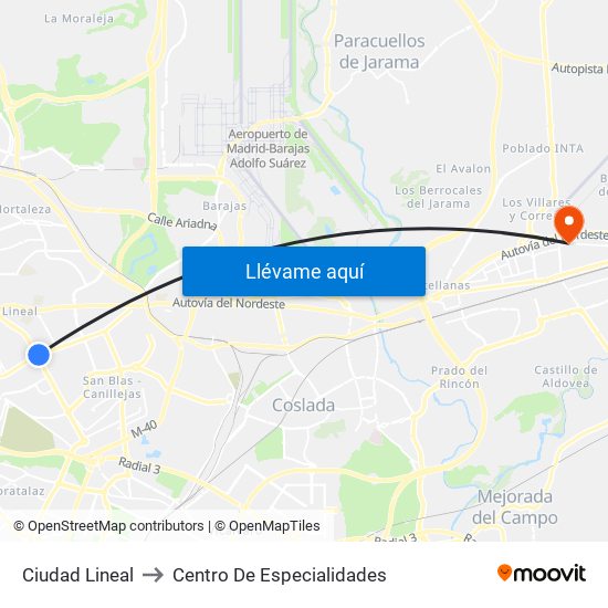 Ciudad Lineal to Centro De Especialidades map