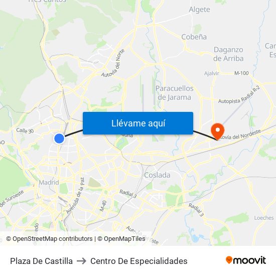 Plaza De Castilla to Centro De Especialidades map