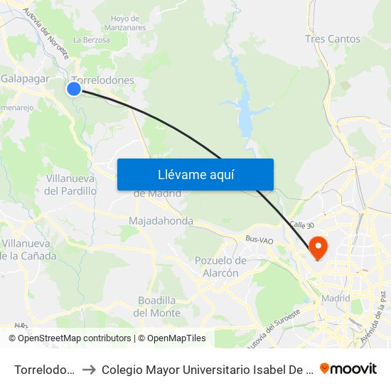 Torrelodones to Colegio Mayor Universitario Isabel De España map