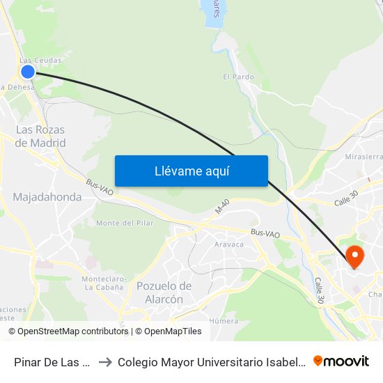 Pinar De Las Rozas to Colegio Mayor Universitario Isabel De España map