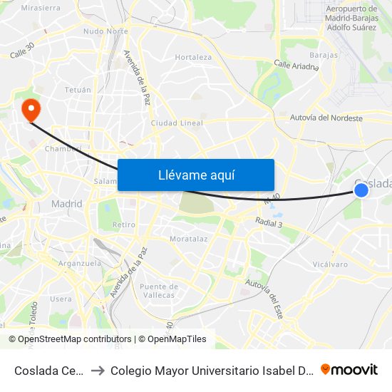 Coslada Central to Colegio Mayor Universitario Isabel De España map
