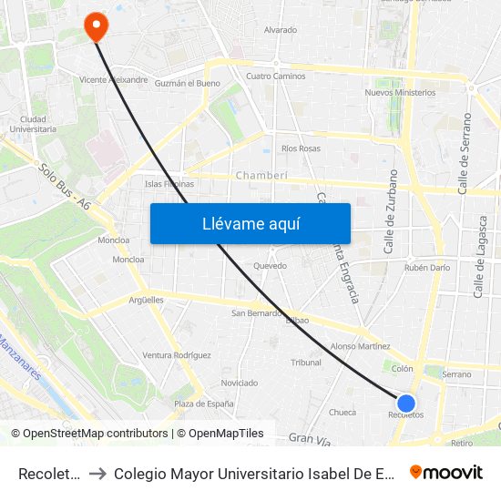 Recoletos to Colegio Mayor Universitario Isabel De España map