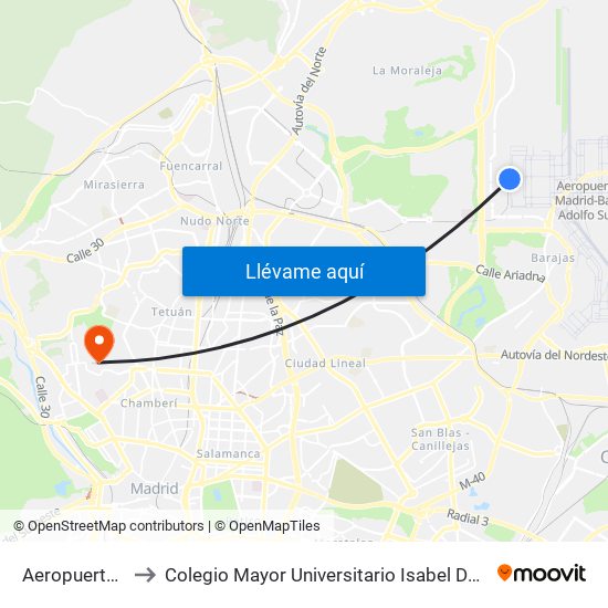 Aeropuerto T4 to Colegio Mayor Universitario Isabel De España map