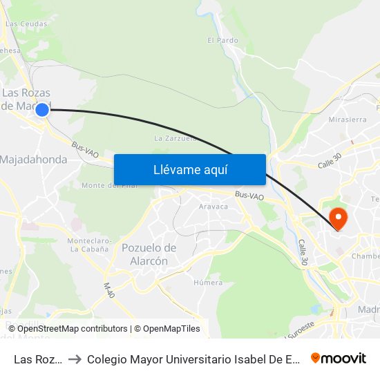 Las Rozas to Colegio Mayor Universitario Isabel De España map