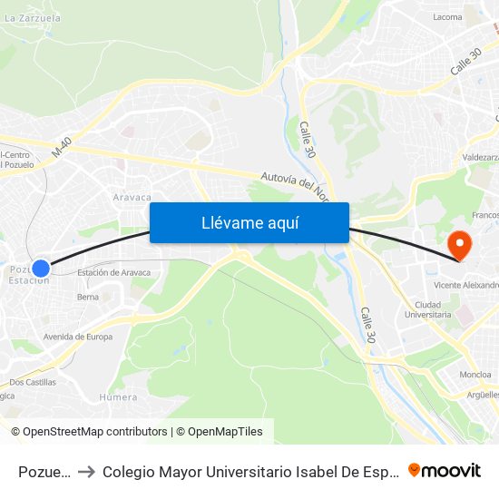 Pozuelo to Colegio Mayor Universitario Isabel De España map
